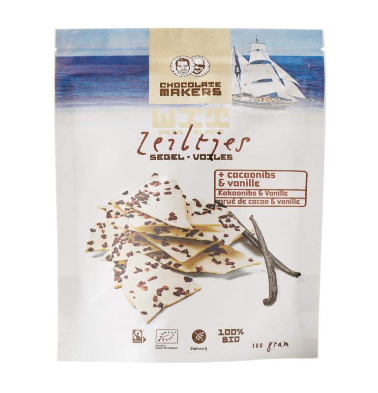 Chocolatemakers Zeiltjes wit met cacaonibs & vanille bio